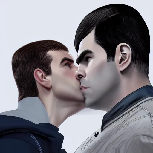 Prompt: ZACHARY QUINTO SPOCK kissing CHRIS PINE KIRK, hyperdetailed + artstation + cgsociety + 8k