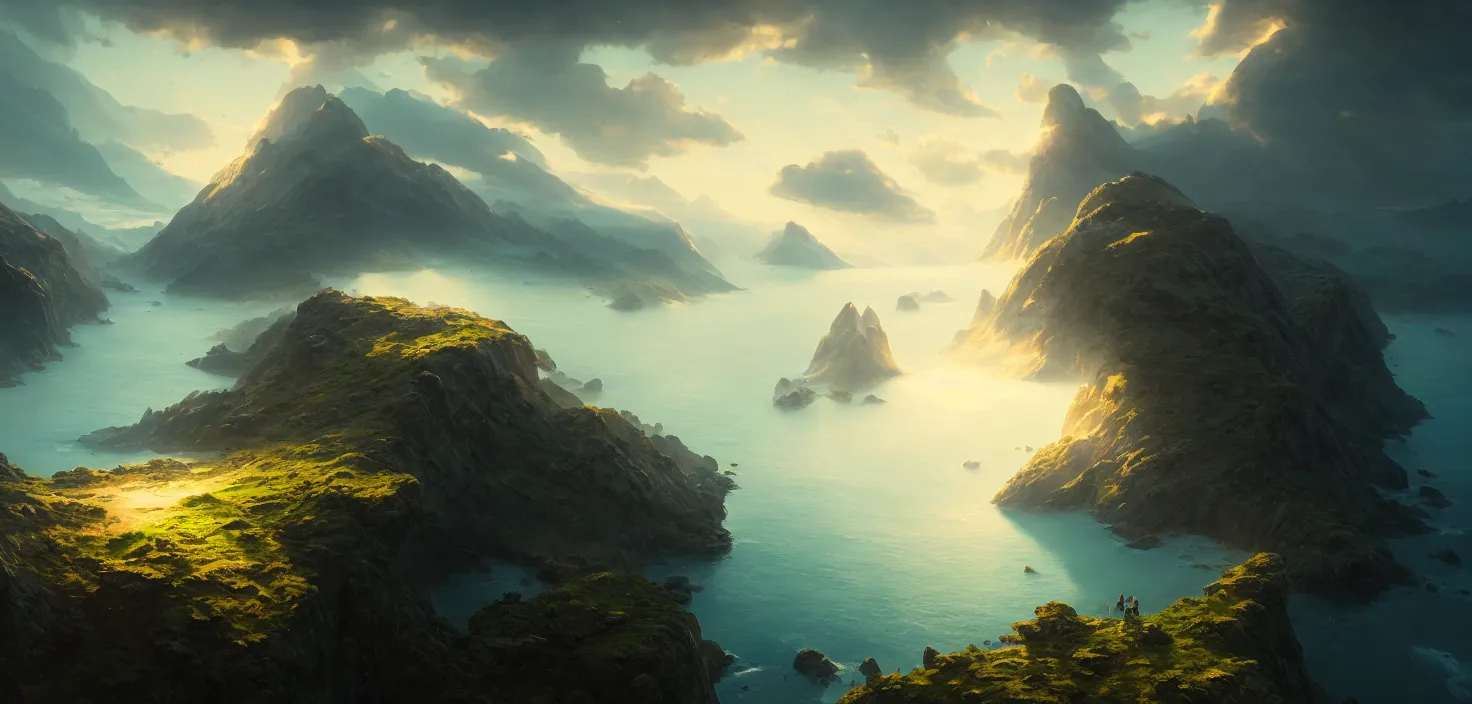 Image similar to nature landscape, aerial view, drone photography, cinematic, mountains and ocean, cinematic view, epic sky, detailed, concept art, high detail, warm lighting, volumetric, godrays, vivid, beautiful, trending on artstation, by jordan grimmer, art greg rutkowski