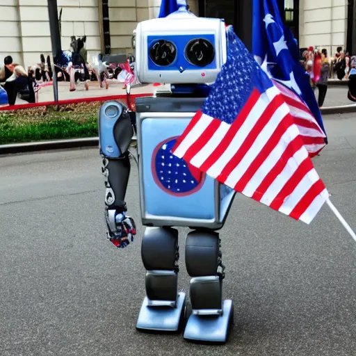 Prompt: Adorable robot freedom fighter holding up a flag and protesting