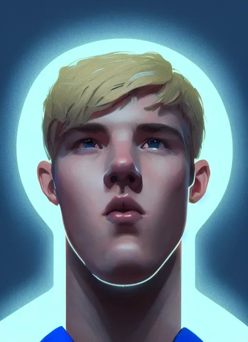 Image similar to portrait of high school senior boy named big moose, blonde short hair, jock, beefy, wide face, square jaw, square facial structure, blue varsity jacket with letter r, intricate, elegant, glowing lights, highly detailed, digital painting, artstation, concept art, sharp focus, illustration, art by wlop, mars ravelo and greg rutkowski