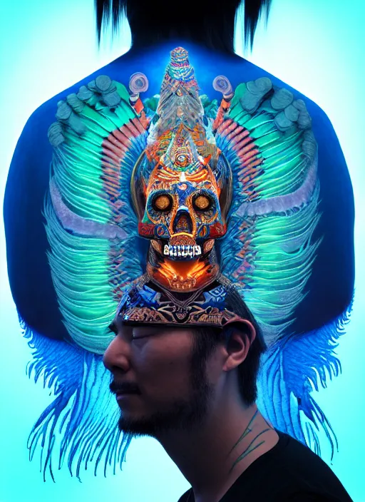 Image similar to 3 d shaman with tattoos profile portrait, sigma 5 0 0 mm f / 5. beautiful intricate highly detailed quetzalcoatl skull and feathers. bioluminescent, plasma, lava, ice, water, wind, creature, thunderstorm! artwork by tooth wu and wlop and beeple and greg rutkowski, 8 k trending on artstation,