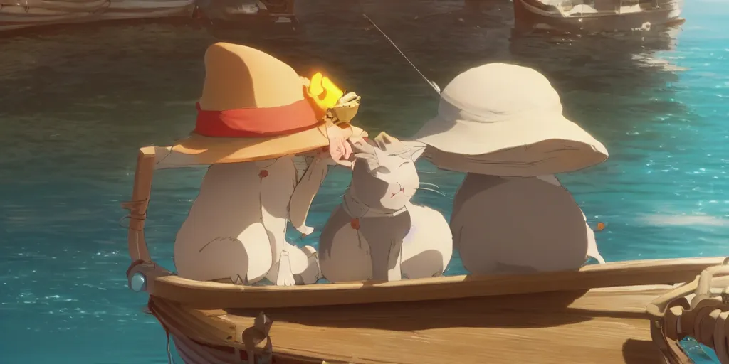 Image similar to a wholesome animation key shot of a cute cat on a fishing boat wearing a sunhat, studio ghibli, pixar and disney animation, sharp, rendered in unreal engine 5, anime key art by greg rutkowski, bloom, dramatic, dynamic lighting