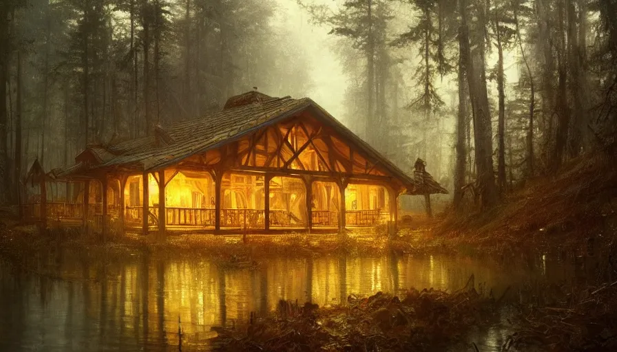 Image similar to a beautiful intricate painting of a log cabin in a dark evil fantasy forest, reflections, very high details by william turner art, greg rutkowski and alphonse mucha, trending on artstation, very very detailed, masterpiece,