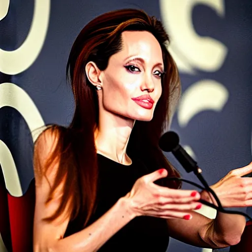 Prompt: oil painting of angelina jolie holding a press conference to announce herself as the director and star of the new batman movie. hollywood, 2 0 0 4.