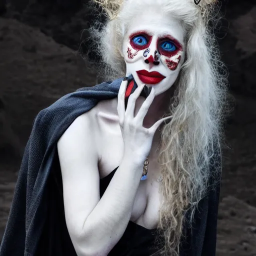 Image similar to a beautiful english woman with a long face narrow nose pale skin blue eyes red lips and wild messy tangles of curly white blonde hair, high resolution film still wearing a black robe and skull necklace and holding a crescent moon spade, sandy, a journey to the west