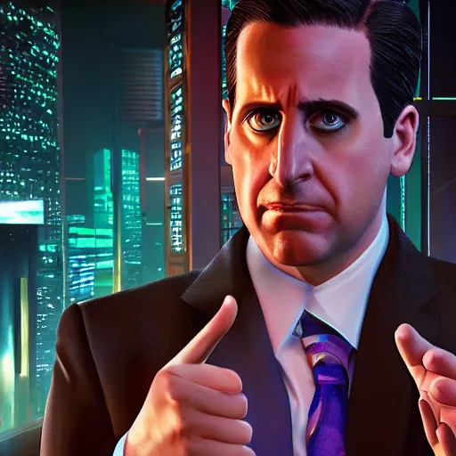 Prompt: cyberpunk Michael Scott from The Office, cibercity, vibrant, 70mm photography, realism artstyle, wide shot, dramatic lighting, hyperrealistic, high quality, highly detailed, artstation, HD, beautiful, cinematic, 8k, unreal engine, facial accuracy, symmetrical