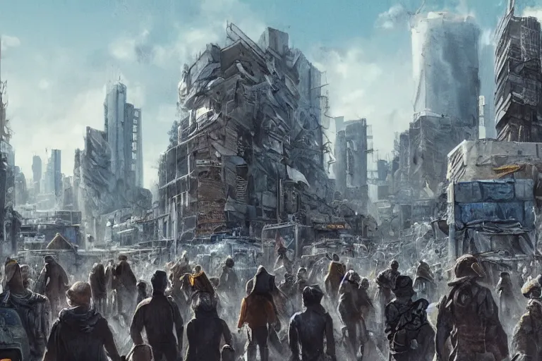 Image similar to Post-apocalyptic city scene with a blue sky and a crowd of people