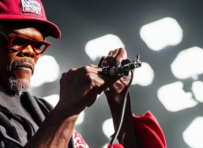 Image similar to photo still of samuel l jackson on stage at vans warped tour!!!!!!!! at age 3 3 years old 3 3 years of age!!!!!!!! playing a tamborine, 8 k, 8 5 mm f 1. 8, studio lighting, rim light, right side key light