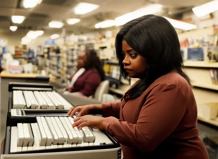 Image similar to cinematic shot of octavia spencer in an small used electronics store hands on an old electronic keyboard, iconic scene from the paranoid thriller sci fi film directed by pt anderson, anamorphic lens, beautiful composition, moody dark overhead lighting, color theory, leading lines, photorealistic, volumetric lighting, kodak film stock, hyper detailed 4 k image,