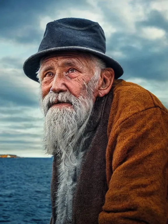 Prompt: realistic renderings portrait of very old fisher man portrait with a hat, wearing a fisher 🧥, colored wears, ( ( ( ( ( a bird in the sky ) ) ) ) ) port scene background, astonishing scenes, detailed, photorealism, volumetric lighting, autumn lights colors, ultra detailed