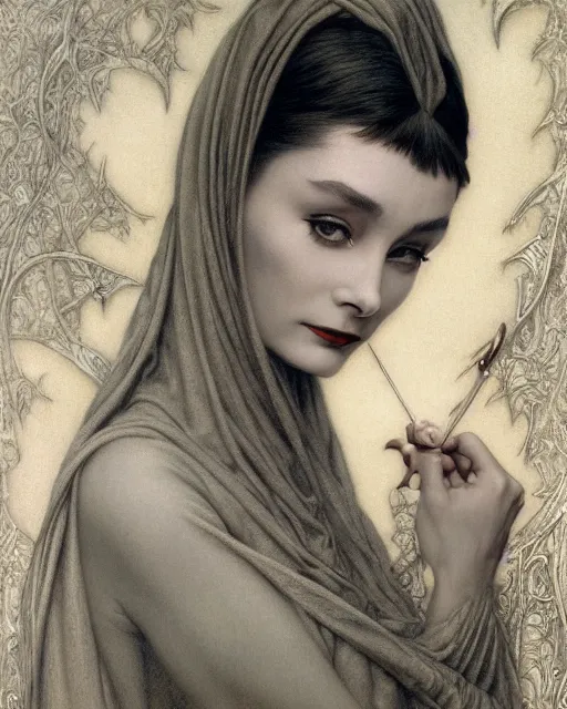 Image similar to matte painting portrait shot, beautiful audrey hepburn, gothic detailed and intricate by jean delville, gustave dore and marco mazzoni, art nouveau, symbolist, visionary, gothic, pre - raphaelite