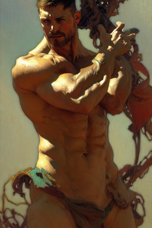 Prompt: muscular man, painting by gaston bussiere, craig mullins, greg rutkowski, alphonse mucha