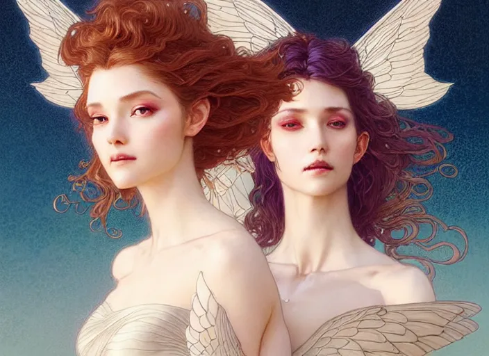 Image similar to portrait of 3 women with flowy hair, wings, confident pose, pixie, genshin impact, intricate, elegant, sharp focus, soft bokeh, illustration, highly detailed, concept art, matte, trending on artstation, bright colors, art by wlop and artgerm and greg rutkowski, mucha, giger, marvel comics