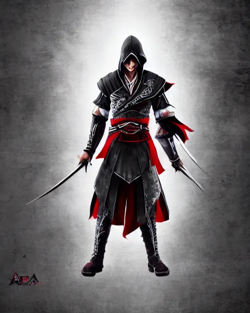 Prompt: Digital state-sponsored anime art of Ezio Auditore by A-1 studios, serious expression, empty warehouse background, highly detailed, spotlight