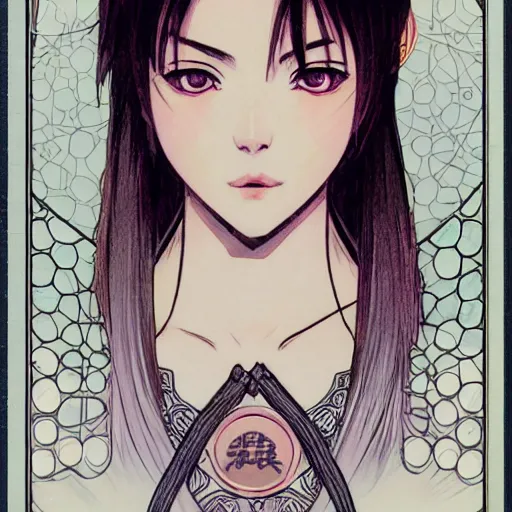 Image similar to girl, trading card front, anime style, long hair, hair down, symmetrical facial features, hyper realistic, pale skin, 4 k, rule of thirds, extreme detail, detailed drawing, trending artstation, hd, sport, badminton, realistic lighting, by alphonse mucha, greg rutkowski, sharp focus, backlit, sport clothing