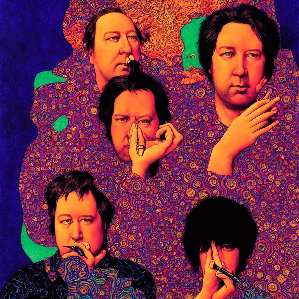 Image similar to psychedelic portrait of bill hicks smoking, vivid colors, neon, art by ( ( ( kuvshinov ilya ) ) ) and wayne barlowe and gustav klimt and artgerm and wlop and william - adolphe bouguereau