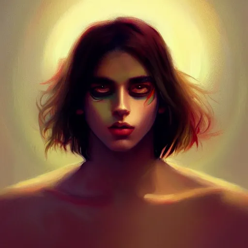 Prompt: colorful and festive captivating cat teenager with straight brown hair covering his eye, dark skin, big lips, big eyes, shirtless. rich vivid colors, ambient lighting, dynamic lighting, 4 k, atmospheric lighting, painted, intricate, highly detailed by charlie bowater