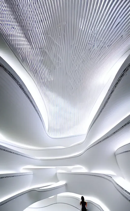 Prompt: xinming parametric architecture, interior design, tall wide room with kitchen and livingroom, futuristic pavilion, surreal, all white, luxurious, spiral 3 d printed walls, scale figures, 8 k rendering, insanely detailed, white building, curves, zaha hadid, vincent callebaut