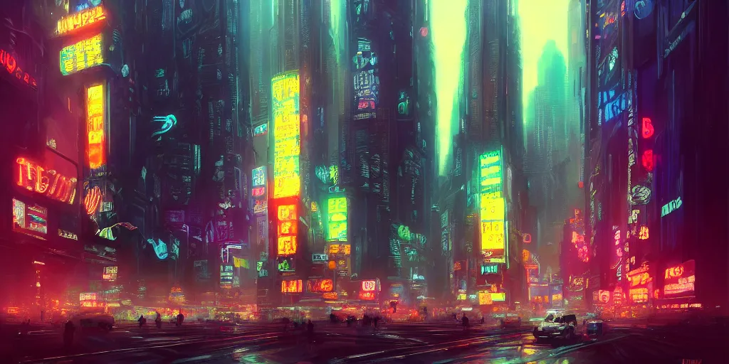 Prompt: New York City by Neon Light, in the style of Cyberpunk Impressionism, Krenz Cushart, Moebius, and Muchain, Prismatic, Rococo, Pearlescent, reflective, shimmering, highly detailed, masterpiece, dreamy, concept art, Cinema lighting, 8k, trending on artstation