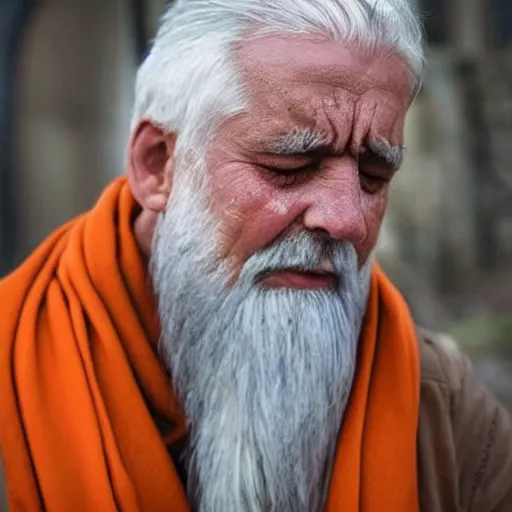 Image similar to biblical God , white grey hair , orange scarf , old man from the sky, is crying in tears and is very sad and sorrow , after creating humans