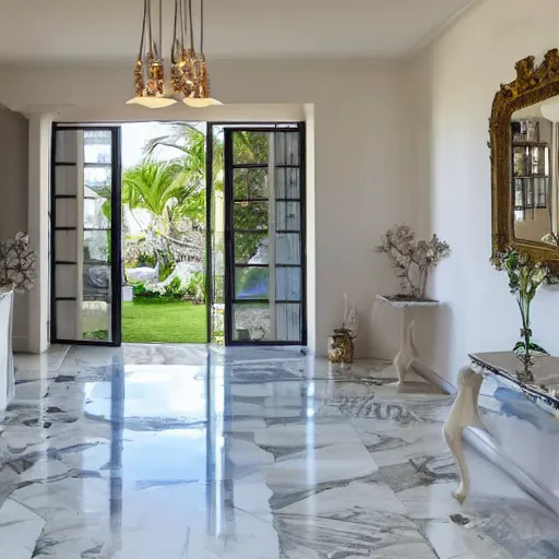 Prompt: shiny marble tiles in hallway leading to patio, beach in the background, luxury, indoor,