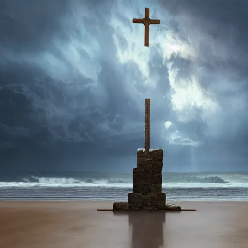 Image similar to a highly detailed matte painting of a large cross standing on the beach as a storm comes in with the tide, woman in a chair watching the ocean, epic fantasy, god rays, rocky beach, ultrawide lense, aerial photography, unreal engine, exquisite detail, 8 k, art by greg rutkowski and alphonse mucha