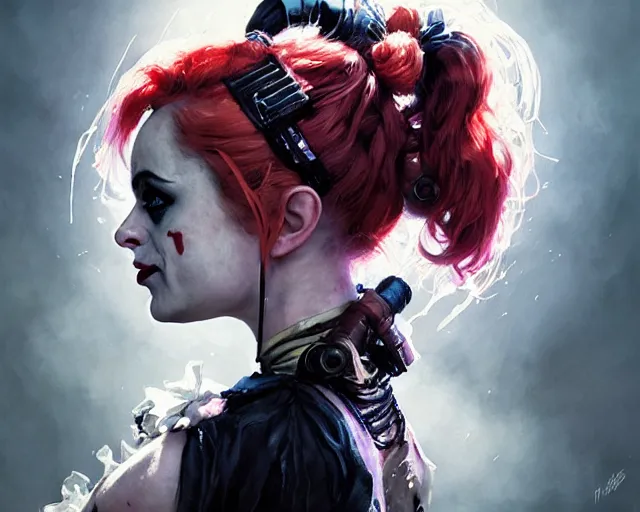 Image similar to highly detailed portrait of helena bonham carter as harley quinn, in batman : arkham knight, stephen bliss, unreal engine, fantasy art by greg rutkowski, loish, rhads, ferdinand knab, makoto shinkai and lois van baarle, ilya kuvshinov, rossdraws, tom bagshaw, global illumination, radiant light, detailed and intricate environment