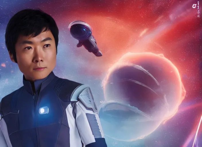 Prompt: Hiro Hamada plays as captain in Star Trek Discovery, engine room and warp core in the background, 35mm photography, highly detailed, cinematic lighting, 4k