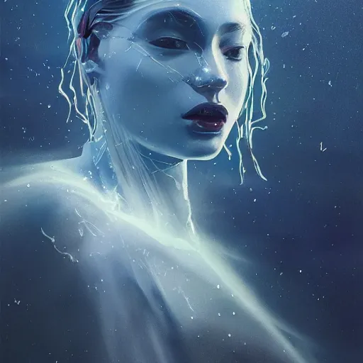 Prompt: sci - fi, close - up, 3 d, moon rays, night, thoughtful fashion model face, cinematic, clouds, sun rays, vogue cover style, poster art, blue mood, realistic painting, intricate oil painting, high detail illustration, figurative art, multiple exposure, water, 3 d, by tooth wu and wlop and beeple and greg rutkowski