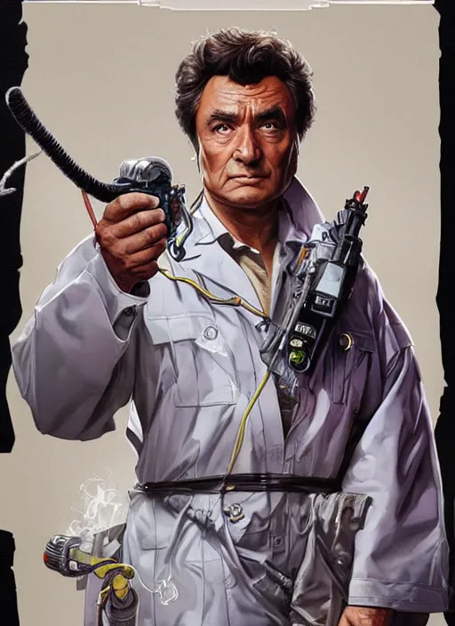 Image similar to Columbo as a Ghostbuster, intricate, elegant, highly detailed, centered, digital painting, artstation, concept art, smooth, sharp focus, illustration, artgerm, donato giancola, Joseph Christian Leyendecker, WLOP, Artgerm