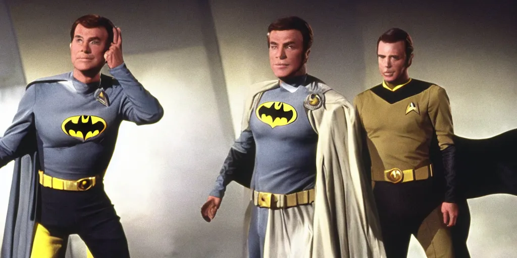 Image similar to Batman, in Starfleet uniform, in the role of Captain Kirk in a scene from Star Trek the original series