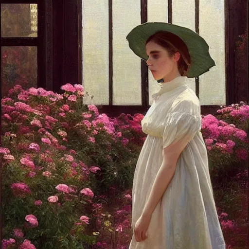 Image similar to thick paint brush strokes full body fashion model emma watson by Jeremy Lipking by Hasui Kawase by Richard Schmid (((smokey eyes makeup eye shadow fantasy, glow, shimmer as victorian woman in a long white frilly lace dress and a large white hat having tea in a sunroom filled with flowers, roses and lush fern flowers ,intricate, night, highly detailed, dramatic lighting))) , high quality