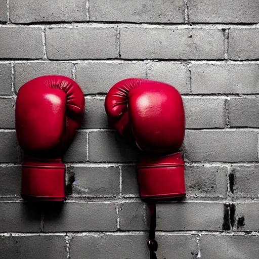 Image similar to “a pair of old red leather boxing gloves hanging on the wall in the corner of a dark gym, dimly lit”