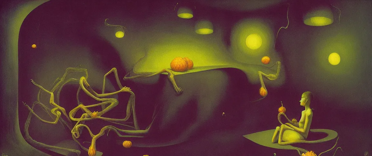 Image similar to She Eats Joyfully of the Suffocating Yellowcake Fruit and Her spiderlike gossamer glistening polyp blossoms bring iridescent fungal flowers whose spores black the foolish glaring stars Edward Hopper and James Gilleard, Zdzislaw Beksinski, Mark Ryden, Wolfgang Lettl highly detailed