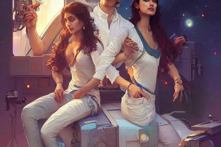 Image similar to Sensual good looking pale young Indian doctors wearing jeans partying in a space station above Earth performing surgery, portrait, elegant, intricate, digital painting, artstation, concept art, smooth, sharp focus, illustration, art by artgerm and greg rutkowski and alphonse mucha