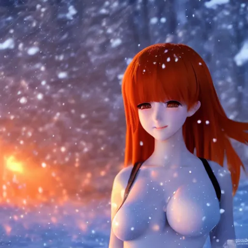 Prompt: render as a very beautiful 3d anime girl, short orange red hair, hazel eyes, full round face, short smile, cute bikini, snowy hills, snowing, cinematic lightning, medium shot, mid-shot, highly detailed, trending on Artstation, Unreal Engine 4k, cinematic wallpaper