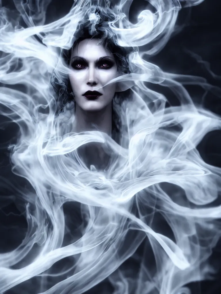 Image similar to white noir priestess, flowing swirls of smoke, hyperreal octane render volumtric cinematic