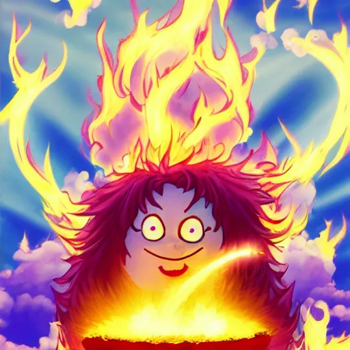 Image similar to fluffy exploding popcorn elemental spirit, in the style of a manga character, with a smiling face and flames for hair, sitting on a lotus flower, clean composition, symmetrical