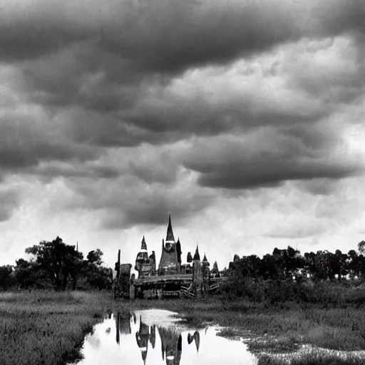 Image similar to post - apocalyptic magic kingdom, wasteland, submerged, monorail, abandoned, wet, swamp, swamp gas, nuclear fallout, black and white, dark clouds, mickey mouse, walt disney world, rubberhose cartoon