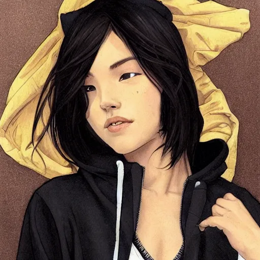 Prompt: portrait of cassandra cain wearing a hoodie, looking at camera, laying on bed!!, attractive, casual, modern, victoria's secret, highly detailed, digital painting, artstation, concept art, smooth, sharp focus, illustration, art by artgerm, greg rutkowski and alphonse mucha