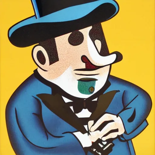 Prompt: a brilliantly colored lithograph of a fragmented portrait of the Monopoly Man with a top hat blending into an Excel spreadsheet