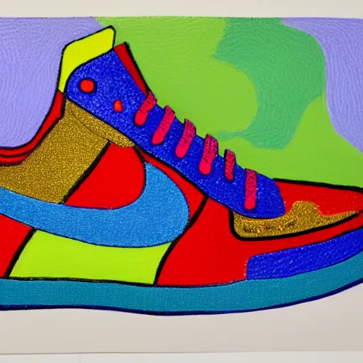 Image similar to an air force one shoe made of different materials, precious gem stones and metals and paper and smoke and rust and lava and rainbow, accurate, hyperdetailed, intricate detail, insanely detailed and intricate, in the style of Henri Matisse, edge to edge, solid color background intricate, highly detailed, smooth, sharp focus, detailed, high contrast