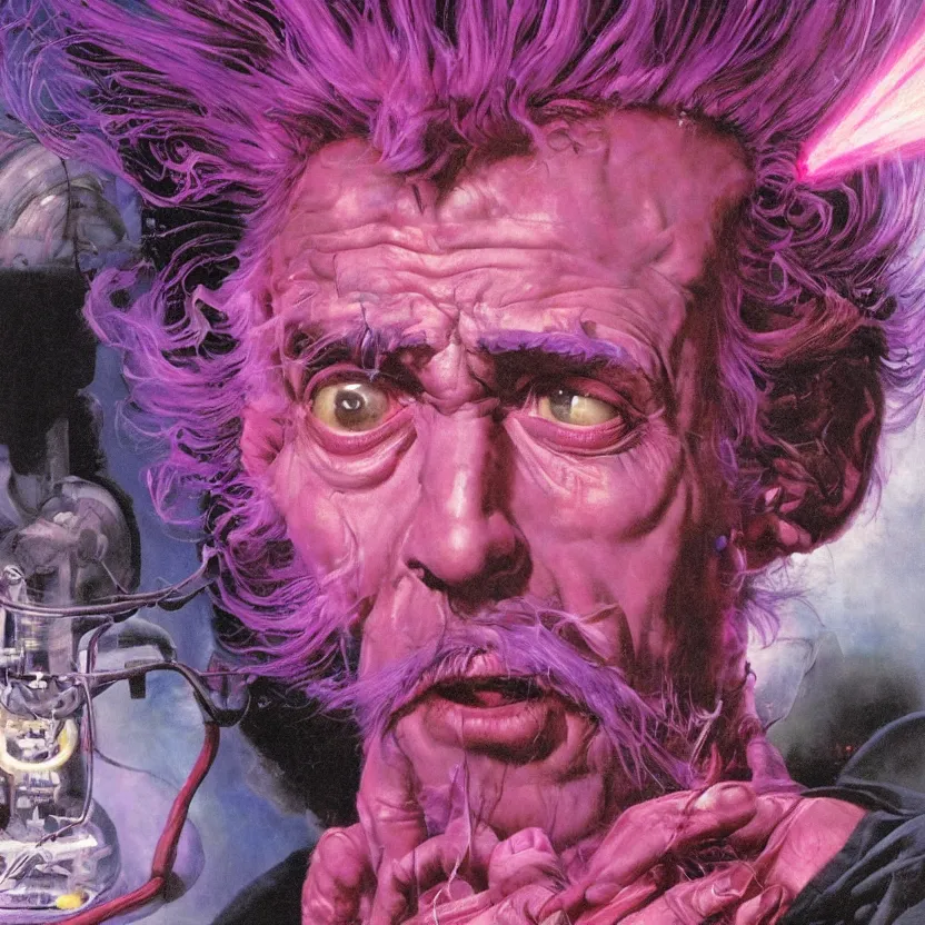 Prompt: close - up view of an ultraviolet mad scientist with crazy hair experimenting on an pink brain in a dark glowing laboratory, highly detailed science fiction painting by norman rockwell, tim jacobus, simon bisley, and sanjulian. detailed texture, rich colors, high contrast, gloomy atmosphere, dark background. trending on artstation