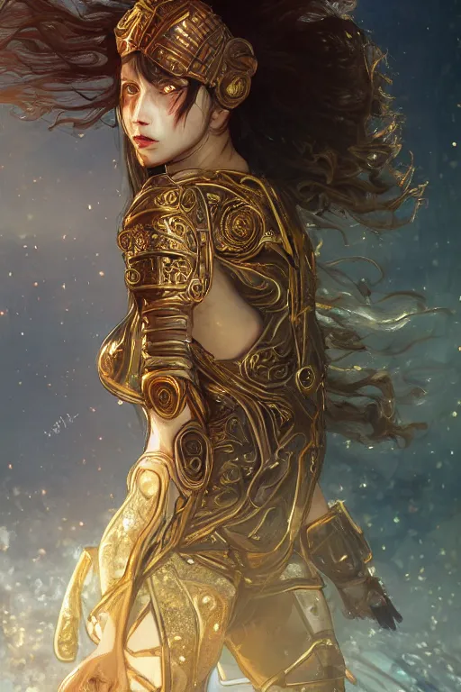 Image similar to portrait knights of Zodiac girl, metallic black and reddish reflected armor, in ruined Agora of Athens, ssci-fi, fantasy, intricate, very very beautiful, elegant, golden light, highly detailed, digital painting, artstation, concept art, smooth, sharp focus, illustration, art by WLOP and tian zi and alphonse mucha