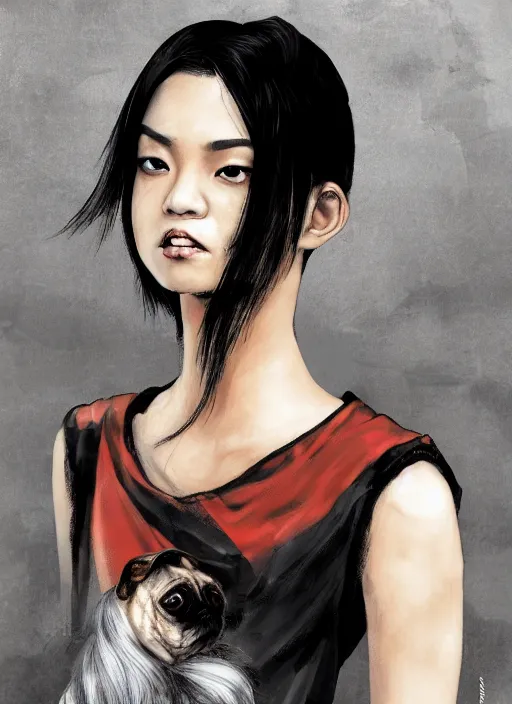 Image similar to An epic fantasy comic book style portrait painting of a young Malaysian Asian woman, expressive, dark piercing eyes, tomboy, pug-faced, pouting, tan skin, beautiful futuristic hairstyle, black and white striped tank top with long sleeves, bare midriff, unreal 5, DAZ, hyperrealistic, octane render, cosplay, RPG portrait, dynamic lighting