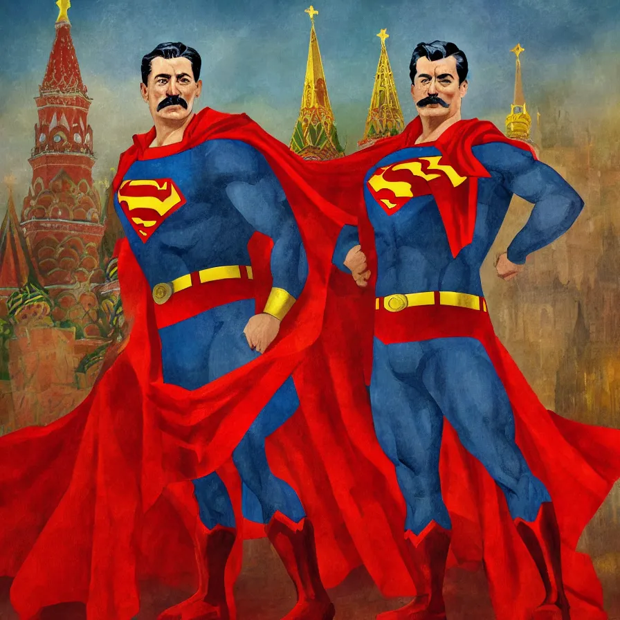 Prompt: stalin as superman red son standing triumphantly in the red square ( moscow ), socialist realism, oil painting masterpiece, photorealistic, detailed picture, intricate digital art, trending artstation, rich moody colors, fan art, concept art, artgem, 8 k ultra high definition