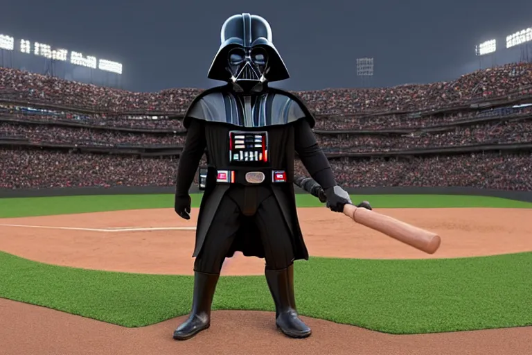 Prompt: Darth Vader at a baseball game holding a bat. 3d rendering, toy story style, pixar style, far view.