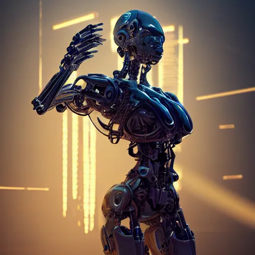 Image similar to biomechanical mecha, rays of light. Style of westworld, cables, lights, searchlight, weta digital, octane render, insane details, ultra realistic, beatifully lit, reflections