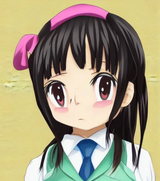 Image similar to portrait of an anime schoolgirl. She is crosseyed and has a droopy mouth. Shee looks dumb.