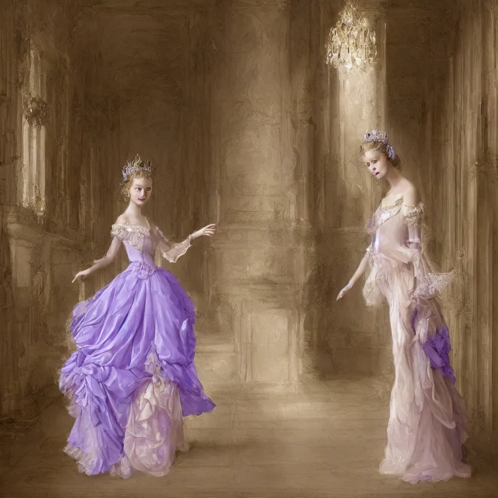 Prompt: A high detaile digital art of a princess standing alone in a corridor of the royal palace, the princess is bowing with the following pose, bowing her head slightly and holding the ruffles of her skirt, her dress is lavender and she wears a tiara adorned with emerald crystals, her hair is long and straight, natural morning light